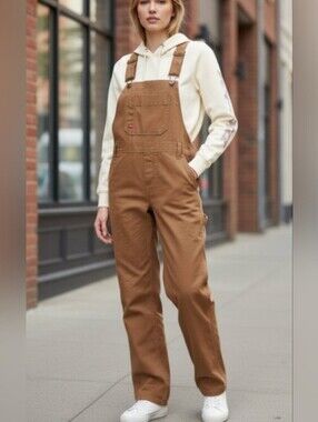 Dickies Women's Relaxed Fit Bib Overalls - Rinsed Brown Duck Size 18